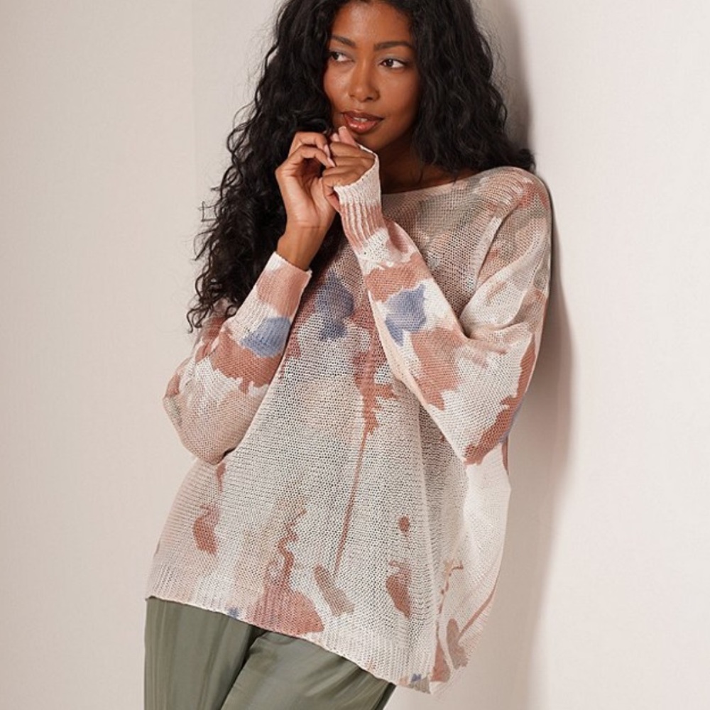 M Made in Italy Printed Scoop Neck Long Sleeve Knit Top